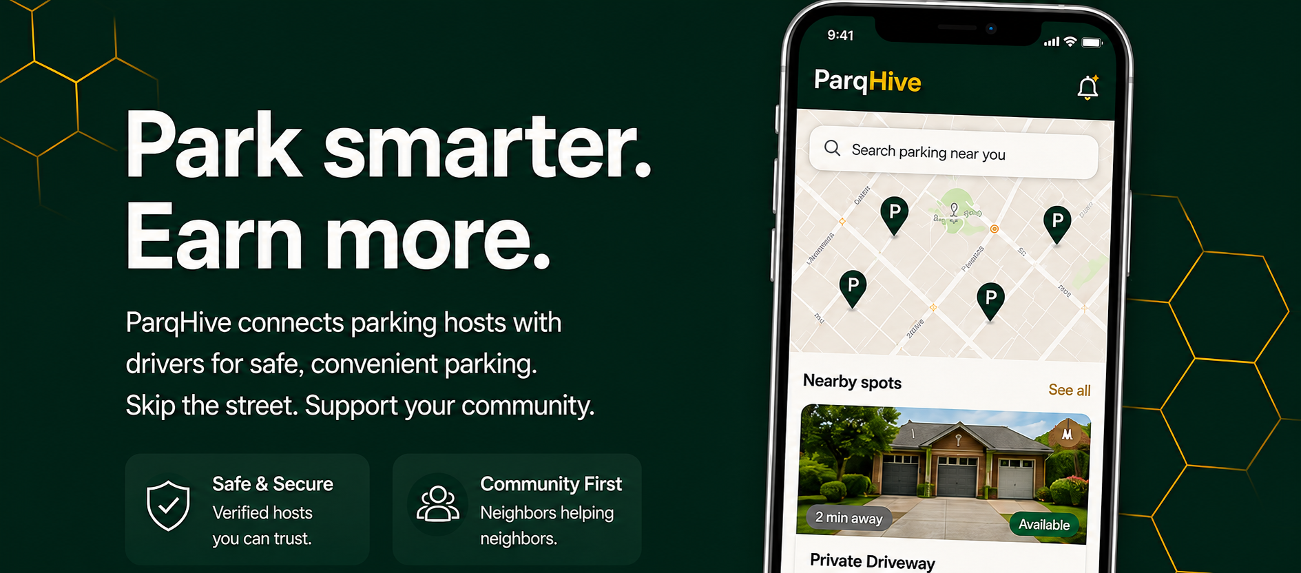 ParqHive — Park smarter. Earn more. Find safe convenient parking or host your available parking space.